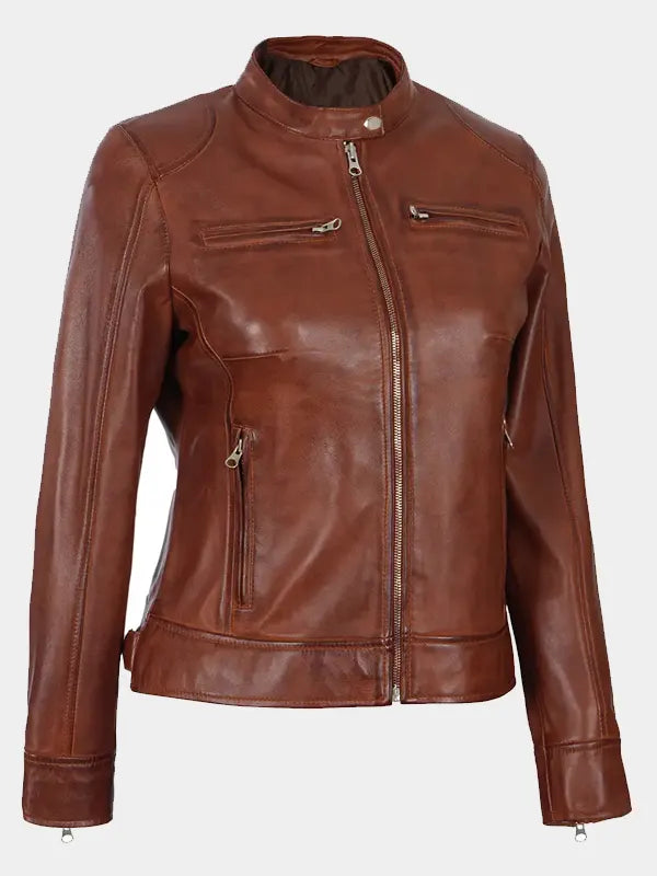 Declan Women's Brown Cafe Racer Moto Leather Jacket
