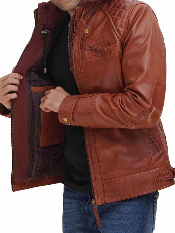 William Men's Brown Leather Jacket With Hood