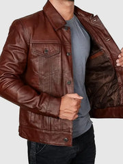 Mens Vintage Brown Leather Trucker Jacket
