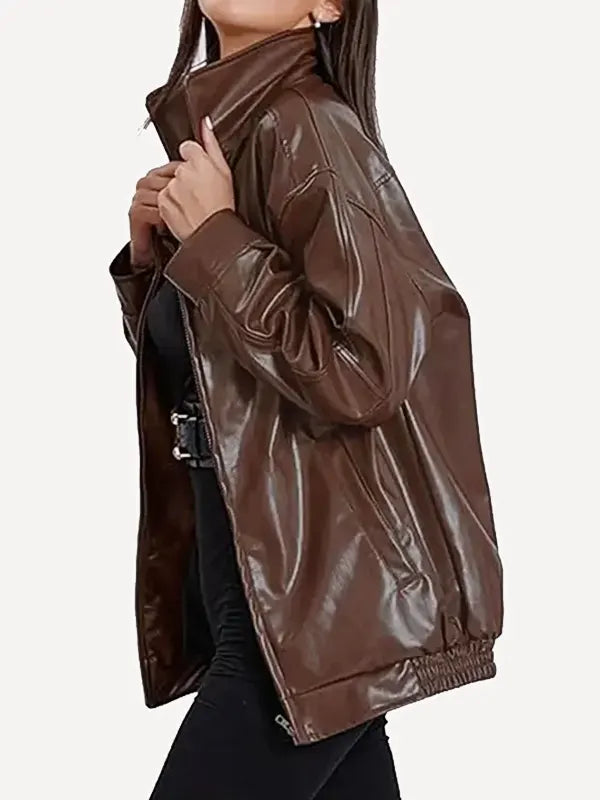 Women's Brown Oversized Real Leather Jacket