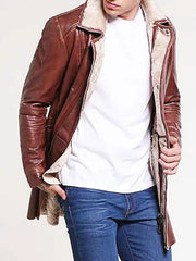 Men's Mid-Length Brown Shearling Leather Coat