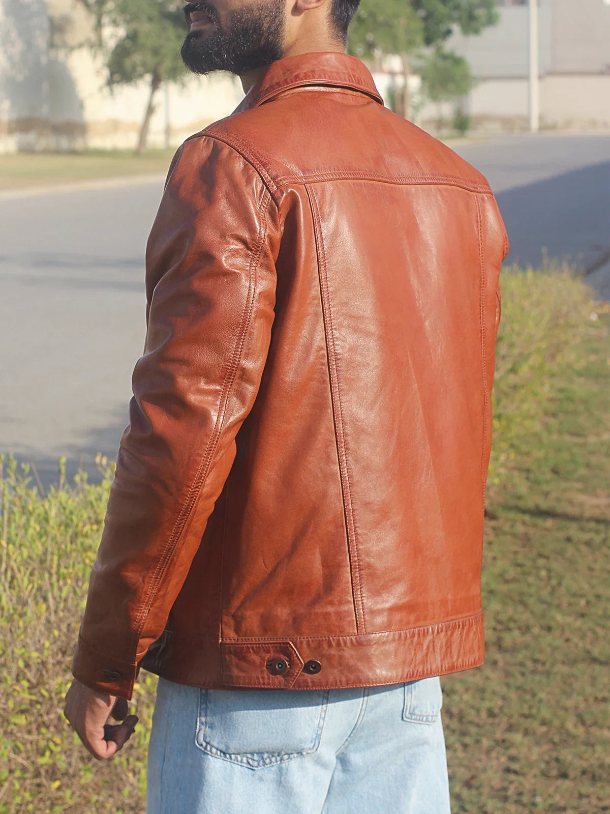 Men's Cognac Trucker Leather Jacket