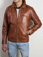 IronHaven Men's Cognac Brown Rugged Lambskin Leather Jacket