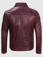 Burgundy Trucker Leather Jacket For Men