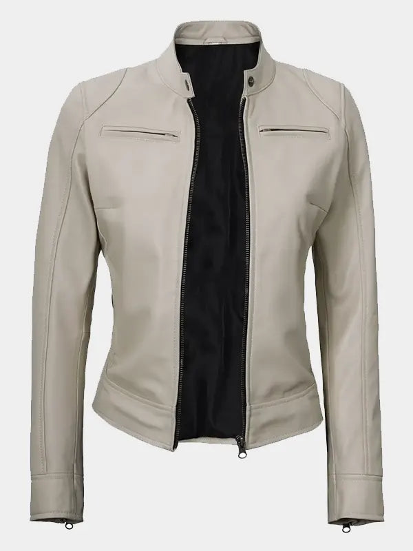 Declan Women's Beige Cafe Racer Leather Jacket