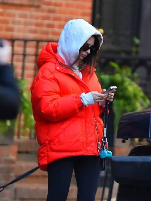 Womens Emily Ratajkowski Red Puffer Jacket