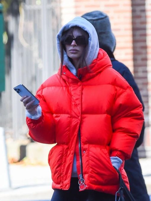 Womens Emily Ratajkowski Red Puffer Jacket