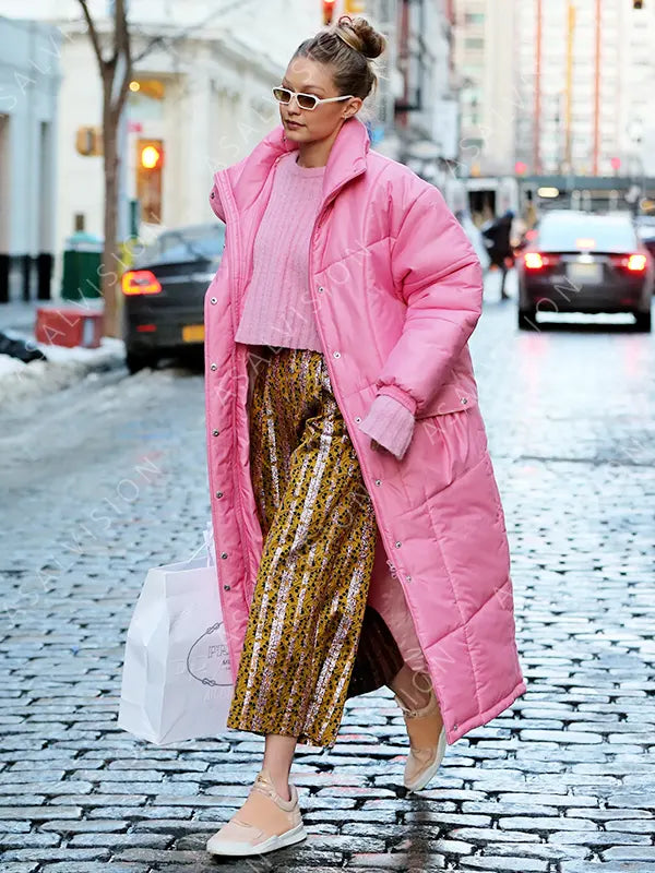 Gigi Hadid Pink Long Puffer Coat
