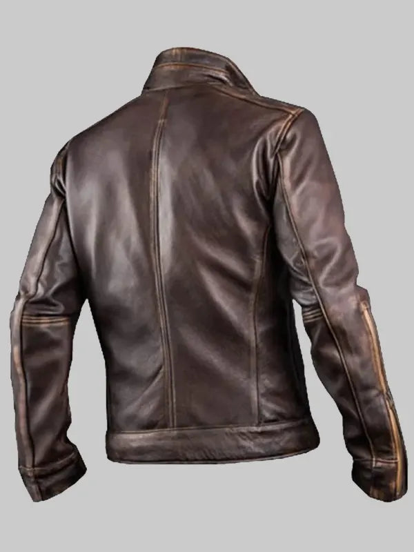 Brown Stand Collar Distressed Leather Jacket