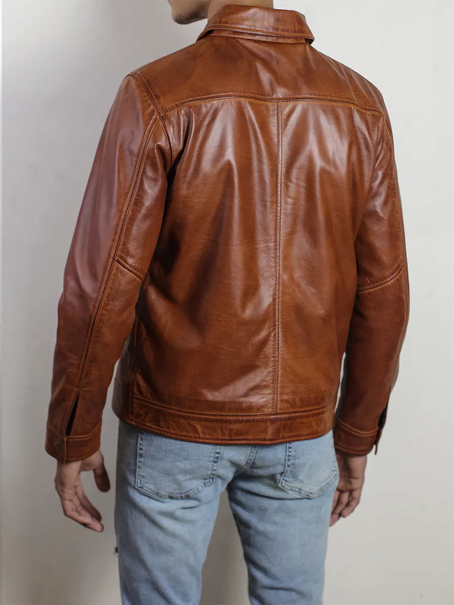 IronHaven Men's Cognac Brown Rugged Lambskin Leather Jacket