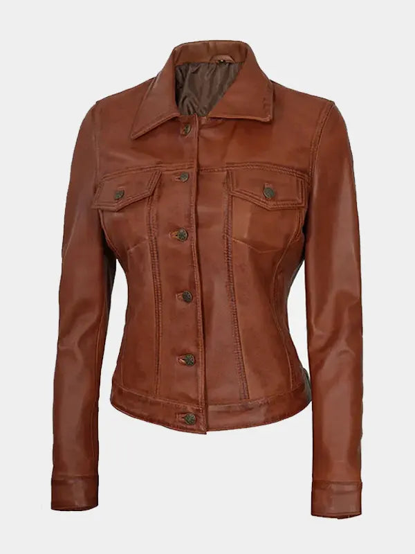 Women's Cognac Trucker Leather Jacket – Lambskin Classic
