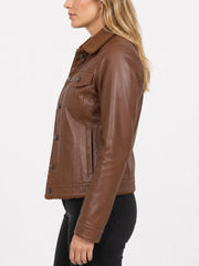 Ulani Cognac Brown Leather Sherpa Lined Jacket