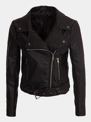 Cropped Black Leather Womens Motorcycle Jacket