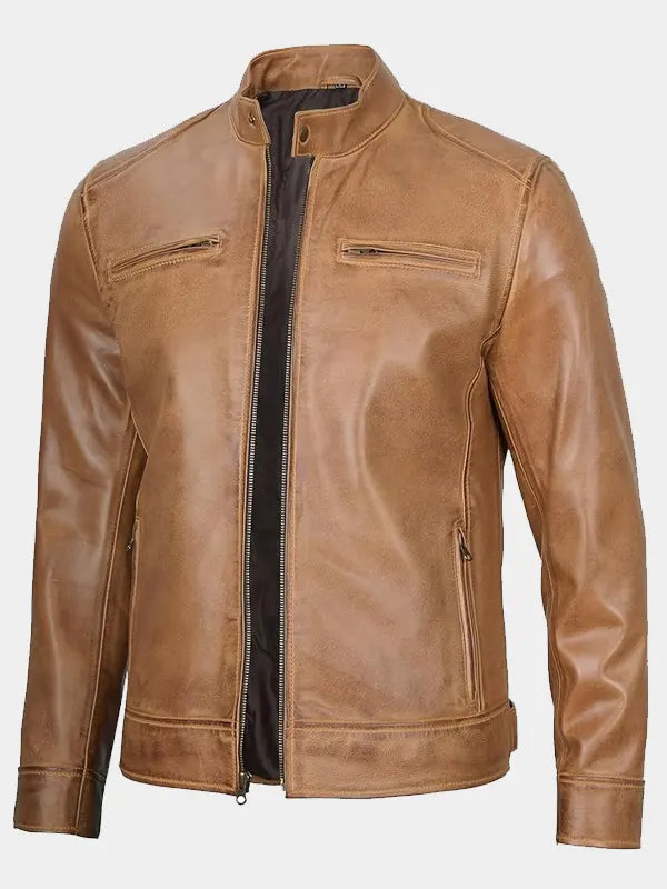 Declan Tan Cafe Racer Leather Jacket For Men