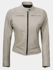 Declan Women's Beige Cafe Racer Leather Jacket
