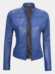 Declan Women's Blue Cafe Racer Leather Jacket