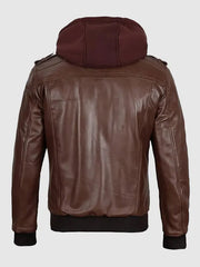 Dark Brown Hooded Leather Jacket For Men