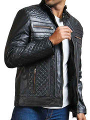 Skull Black Leather Motorcycle Quilted Jacket