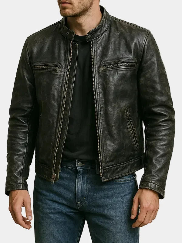 Distressed Black Cafe Racer Leather Jacket For Men