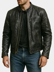Distressed Black Cafe Racer Leather Jacket For Men
