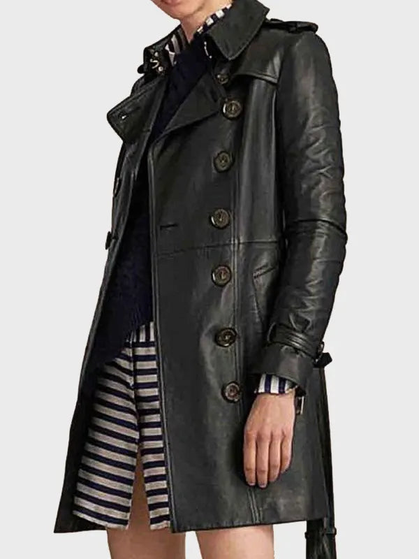 Women's Black Mid Length Leather Coat