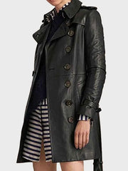Women's Black Mid Length Leather Coat