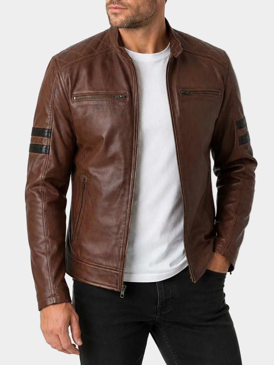 Fairmont Striped Brown Cafe Racer Leather Jacket