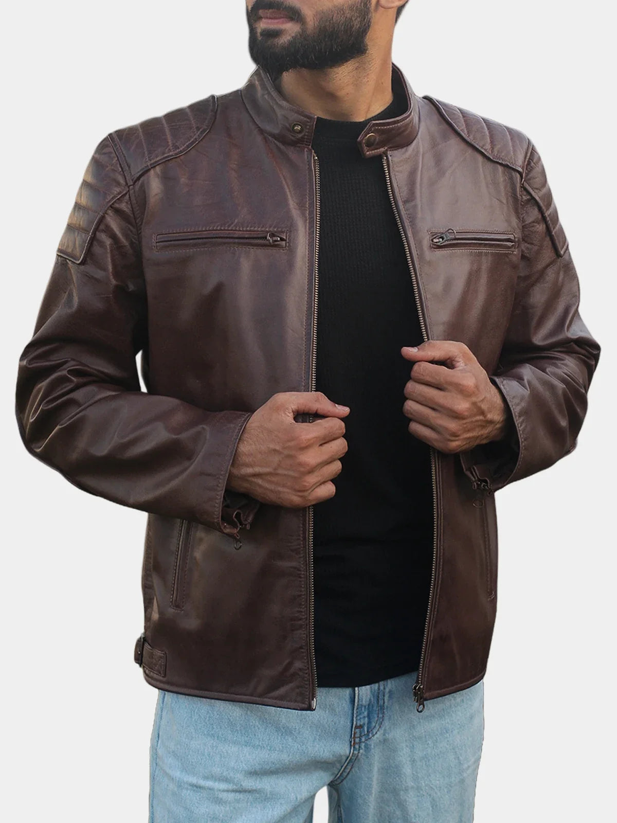 Fenric Men's Dark Brown Leather Vintage Motorcycle Jacket