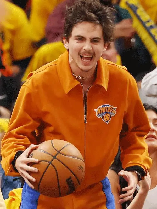 Timothee Chalamet Orange Knicks Jacket