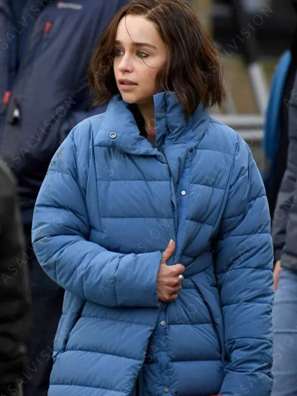 Emilia Clarke Secret Invasion 2023 Blue Puffer Coat