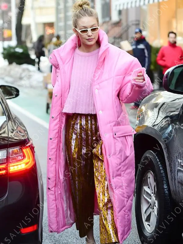 Gigi Hadid Pink Long Puffer Coat