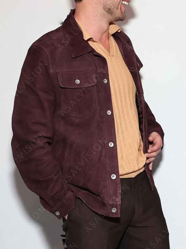 Glen Powell Hit Man 2024 Burgundy Suede Leather Jacket