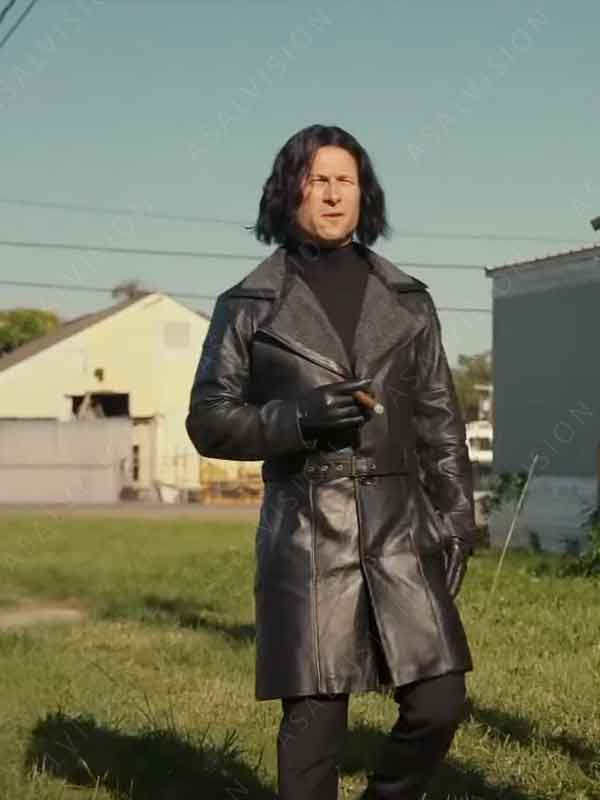 Hit Man Glen Powell Black Trench Leather Coat
