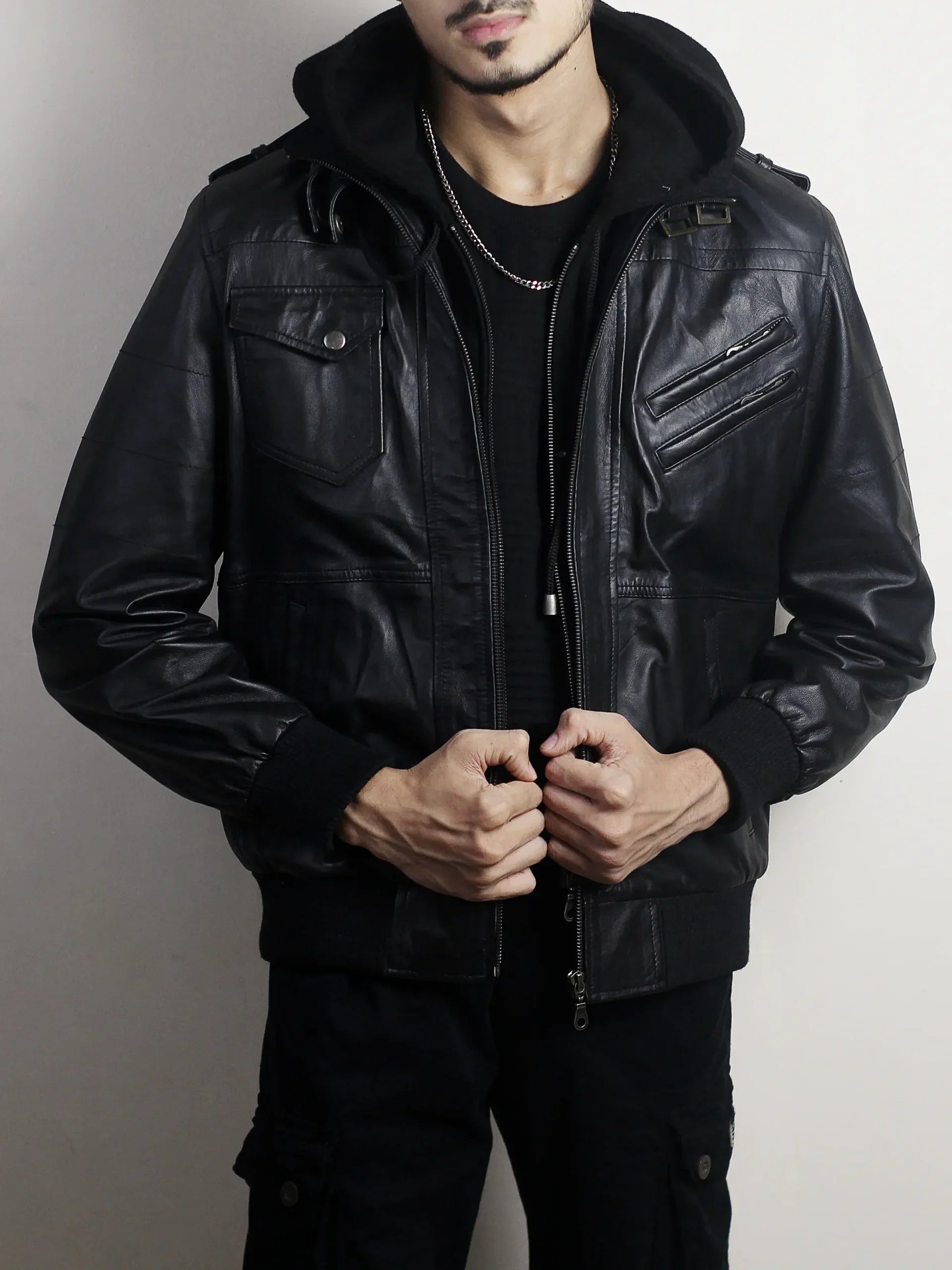 Men's Black Leather Hooded Bomber Jacket