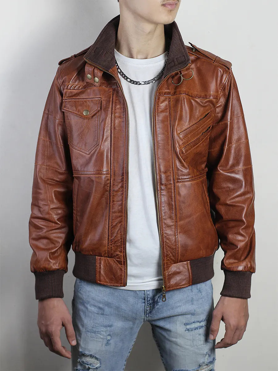 Men's Brown Leather Hooded Jacket