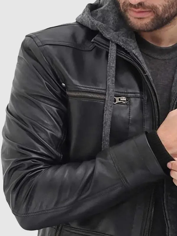Hooded Style Bomber Leather Jacket For Men's