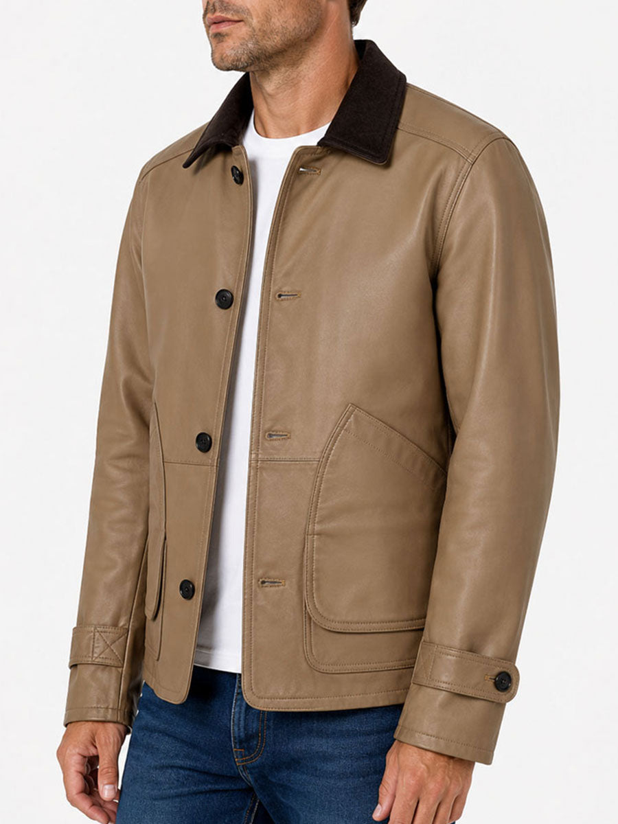 Huxley Beige Barn Leather Jacket With Corduroy Collar