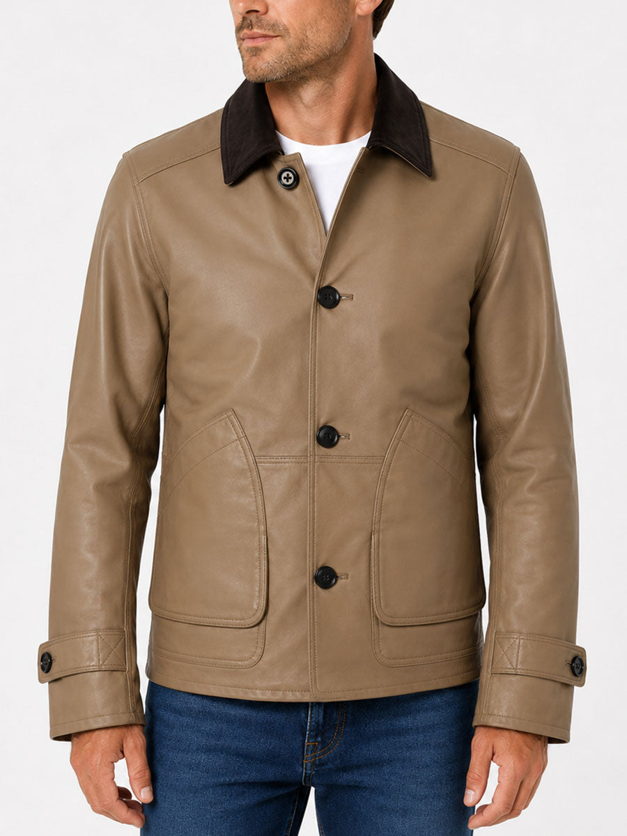 Huxley Beige Barn Leather Jacket With Corduroy Collar