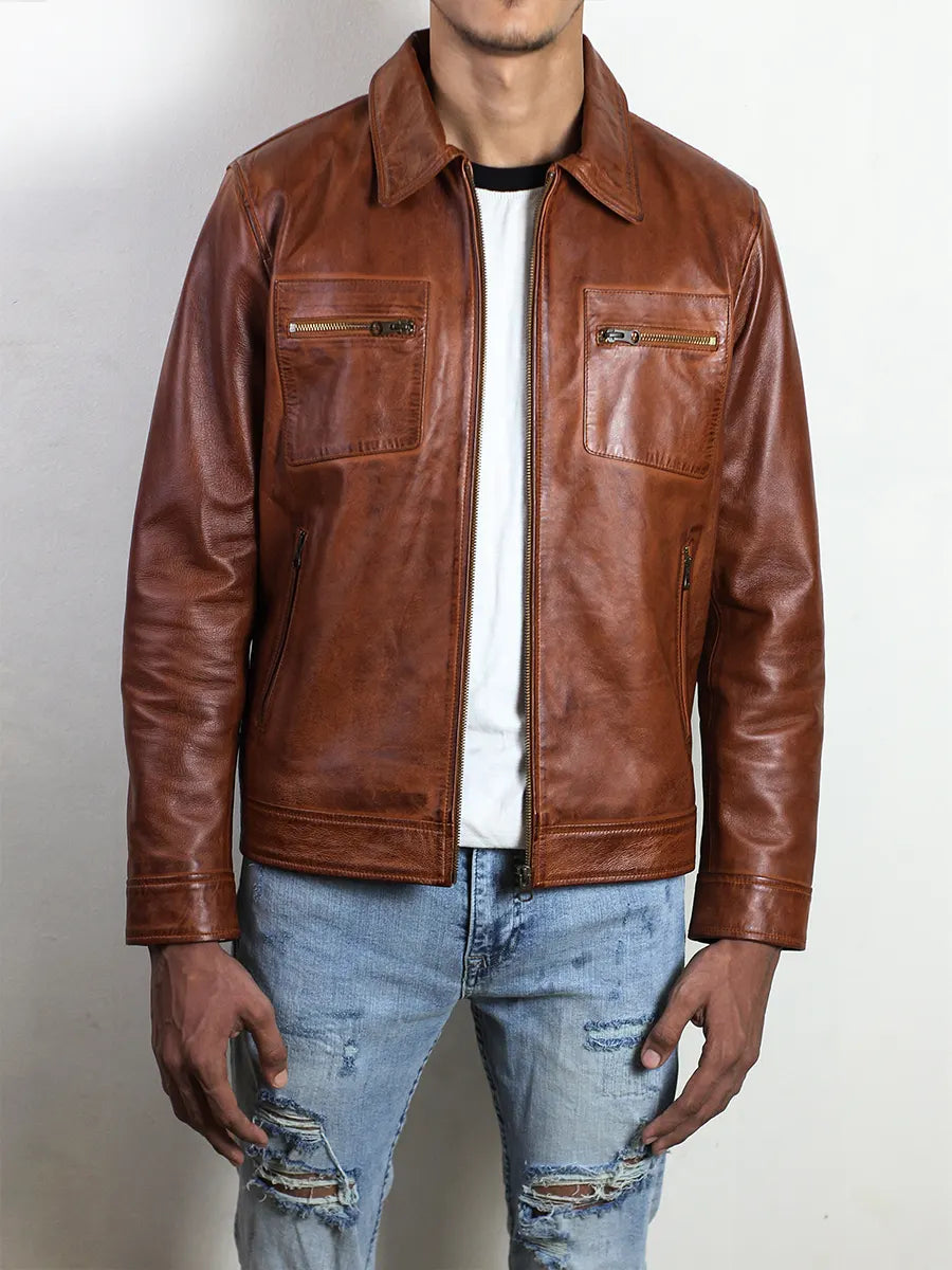 IronHaven Men's Cognac Brown Rugged Lambskin Leather Jacket