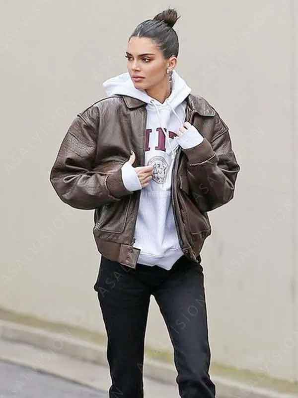 Kendall Jenner Street Style Brown Bomber Leather Jacket