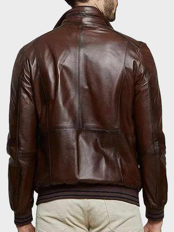 Men's Stand Collar Brown Bomber Leather Jacket