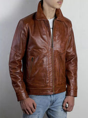 Corven Men's 100% Real High-Quality Lambskin Leather Brown Shirt Collar Jacket