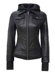Women's Bomber Hooded Leather Jacket In Black Color
