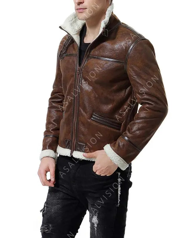Bomber Waxed Brown Shearling Leather Jacket Mens
