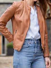 Women's Real Leather Tan Fashion Jacket