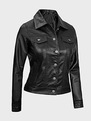 Women's Black Leather Trucker Jacket