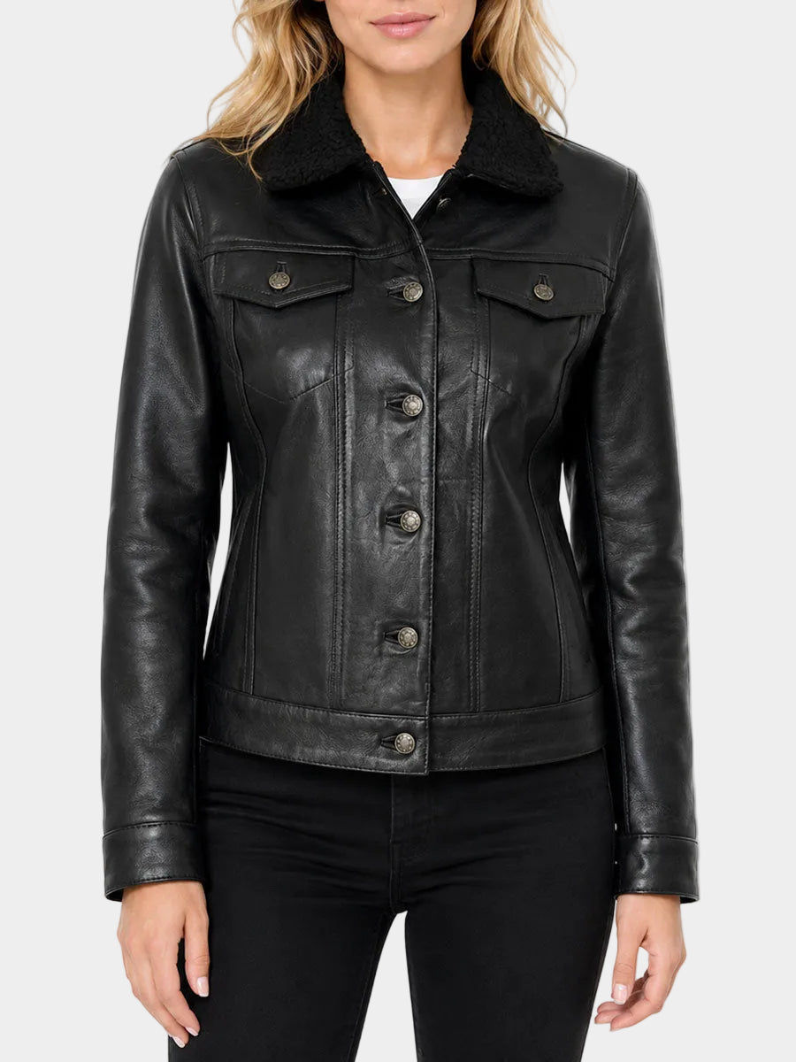 Ulani Black Leather Sherpa Lined Jacket