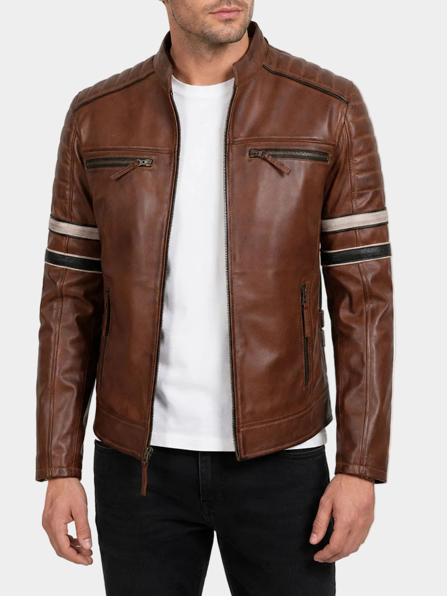 Spencer Striped Brown Racer Leather Jacket