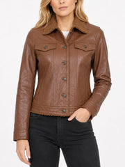 Ulani Cognac Brown Leather Sherpa Lined Jacket