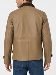 Huxley Beige Barn Leather Jacket With Corduroy Collar